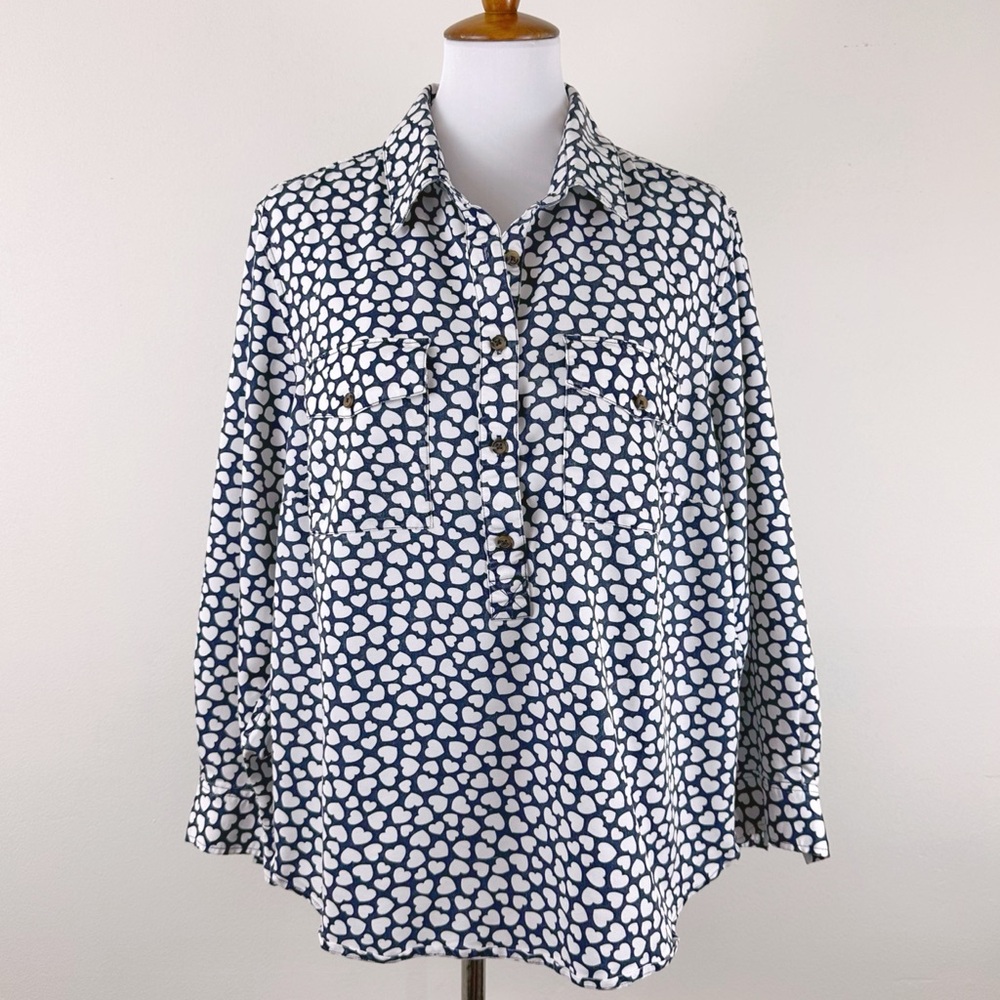 Lands' End Hearts Popover Top Size 1X Chambray White Utility Pockets Long Sleeve